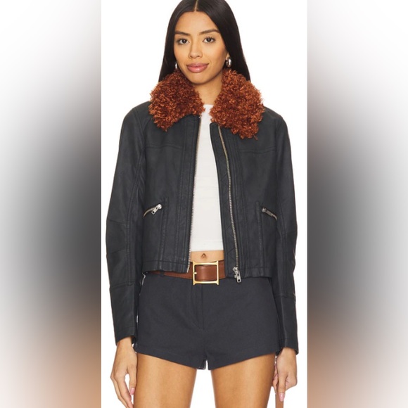Free People Black Vegan Leather Jacket with Brown Faux Fur Trim Size Medium - Picture 1 of 10